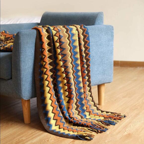 Bohemian Zigzag Coffee Tassel Blanket - Picture 3 of 10
